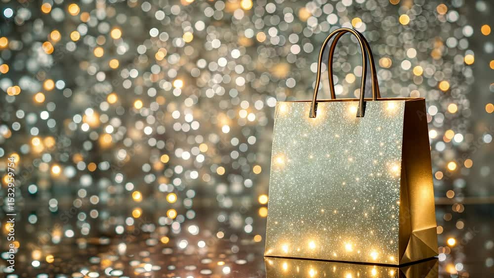 A glittery gift bag stands on a shiny surface against a silver bokeh background, ideal for holiday and Christmas footage.