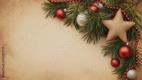 Christmas decoration with pine branches, star, beads and ornaments on a beige background surface