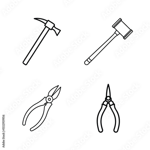 Engineering line art tools of hammer, mallet, pliers and needle nose pliers vector illustration.