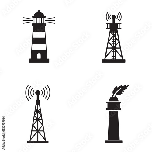 Black silhouette lighthouse and telecommunication tower icons for navigation and technology concepts