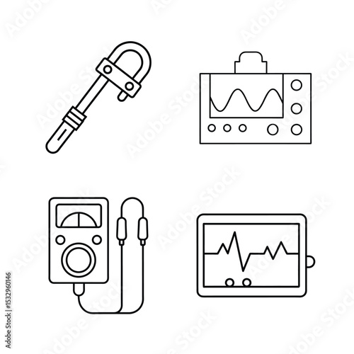 Engineering line art tool set with multimeter, oscilloscope, function generator, clamp meter vector illustration.