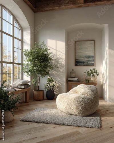 Sunlit Interior with Off White Beanbag Chair and Potted Plants