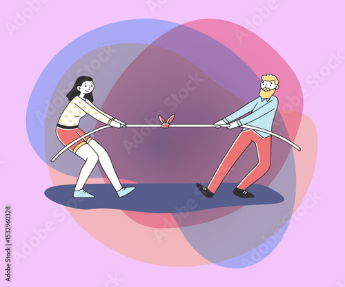 woman man pulling rope flat vector illustration