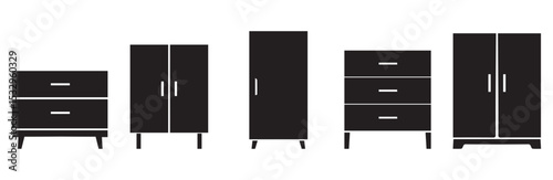 Furniture icon set in black silhouettes showing modern cabinets, wardrobes, and drawers in flat design