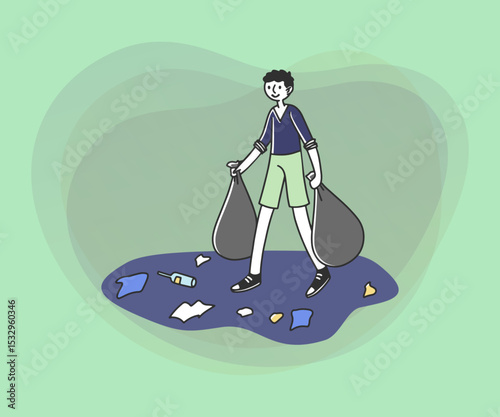 boy collecting garbage flat vector illustration