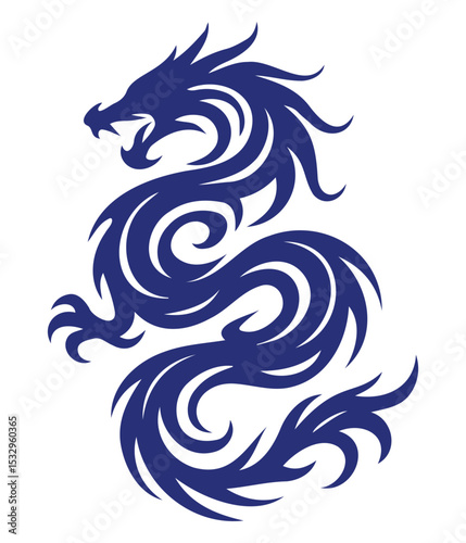 Blue tribal dragon silhouette in abstract swirling style with strong curves and fierce mythical expression