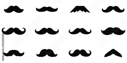  Mustache icon set in various black silhouette styles representing facial hair, grooming, and vintage looks