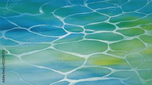 Abstract water surface with light reflections creating a network of shapes in shades of blue green