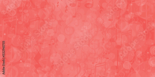 Coral music background. Artistic non-seamless pattern with musical notes and soft bokeh circles for music events, cards, certificates.