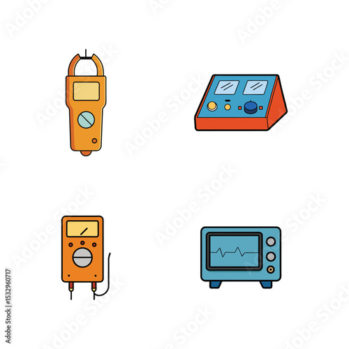 Engineering tool set with multimeter, oscilloscope, function generator, clamp meter vector illustration.