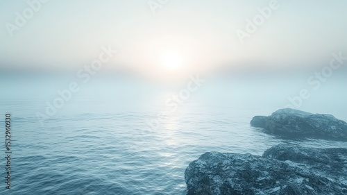 Serene Ocean Sunrise with Rocks in Mist — Tranquil Seascape for Meditation, Travel, and Wellness Use
