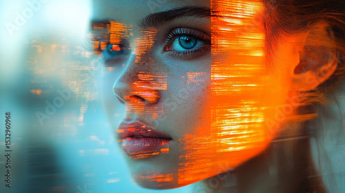 Urban Woman, Reflective Face, City Lights Overlay, Window View
