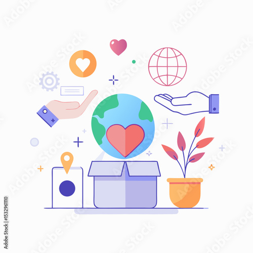 National Philanthropy Day Vector with Charity Icons, Donation Box and Heart Symbols