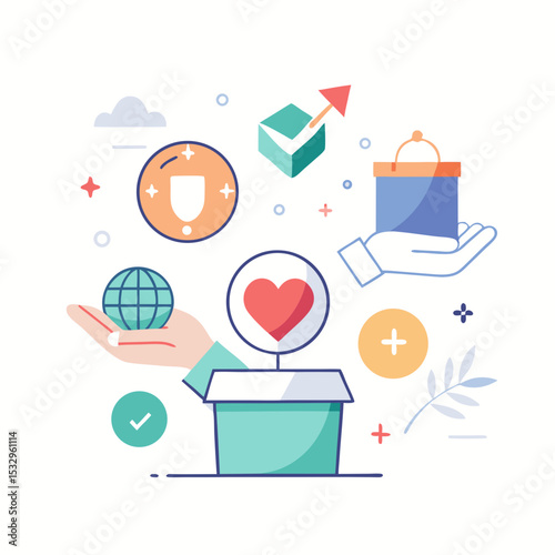 National Philanthropy Day Vector with Charity Icons, Donation Box and Heart Symbols