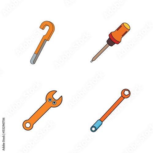 Engineering tool set featuring torque wrench, spanner, allen key and screwdriver vector illustration.