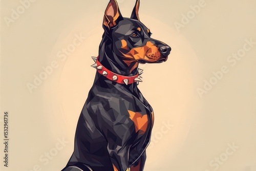 A digital illustration of a Doberman Pinscher with cropped ears sitting majestically, wearing a red spiked collar against a soft, neutral background, showcasing modern polygonal art style .