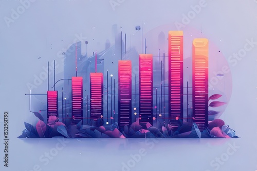 Abstract cityscape growth bar chart with cityscape and botanical elements suggesting a progressive urban development and financial growth concept