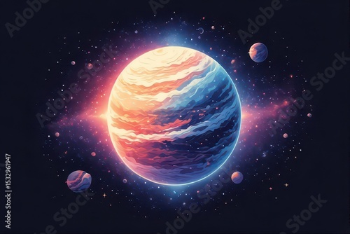 A mesmerizing illustration showcases a giant planet with vibrant hues and swirling patterns, surrounded by a dazzling array of stars, smaller moons, and radiant nebulas in deep space .