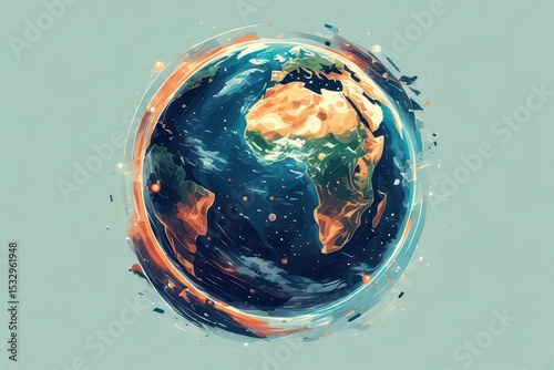 Stylized earth with continents in warm colors and ocean in dark blue with orange elements in artistic style, depicted on a light blue background .