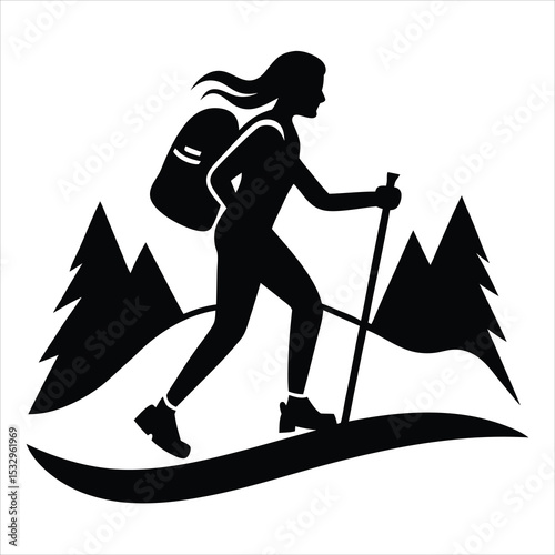 Mountain Hiking Silhouette of Man with Backpack –Adventure Trekking Vector, Wilderness Explorer Graphic, Outdoor Nature Travel Scene, Hiker Clipart 