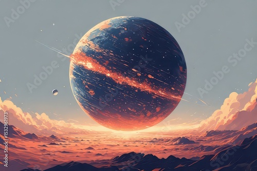 An artistic representation of a planet resembling Jupiter with a collision impact and a mountainous landscape below, suggesting an alien world