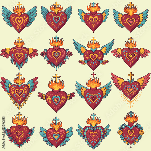 A set of 12 vibrant Mexican sacred heart illustrations