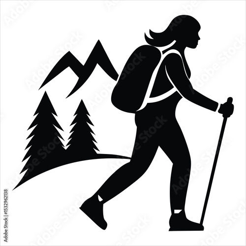 Mountain Hiking Silhouette of Man with Backpack –Adventure Trekking Vector, Wilderness Explorer Graphic, Outdoor Nature Travel Scene, Hiker Clipart 