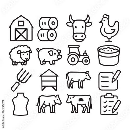 Agricultural, barn, hay, cattle, poultry, sheep, pigs, farming equipment, feeding, rural life, animal husbandry, and farm management icons are all included in this vector icon set for livestock farmin