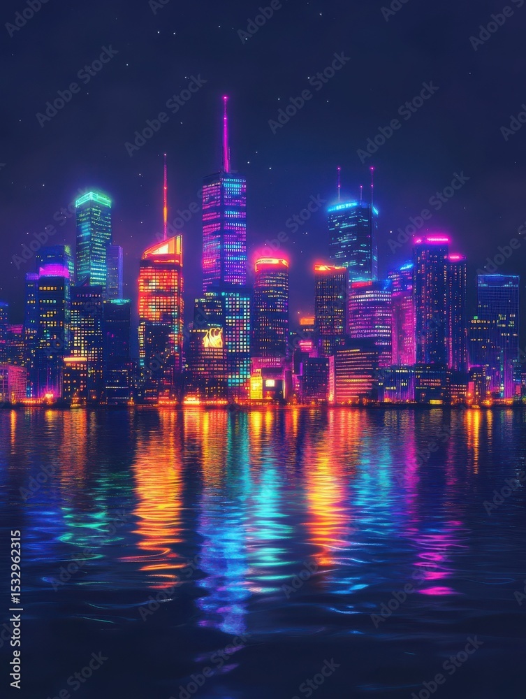 Fototapeta premium Vibrant Neon City Skyline at Night with Water Reflection