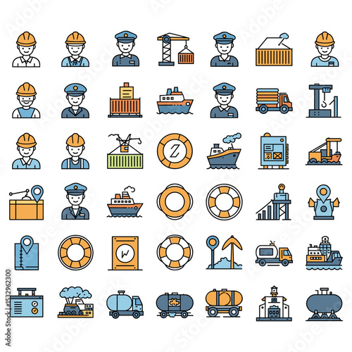 A collection of icons related to marine ports and shipping