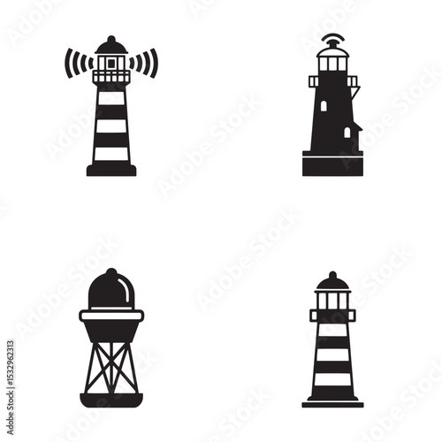 Four silhouette lighthouse icons in black depicting coastal navigation and maritime safety against a white background suitable for designs and projects