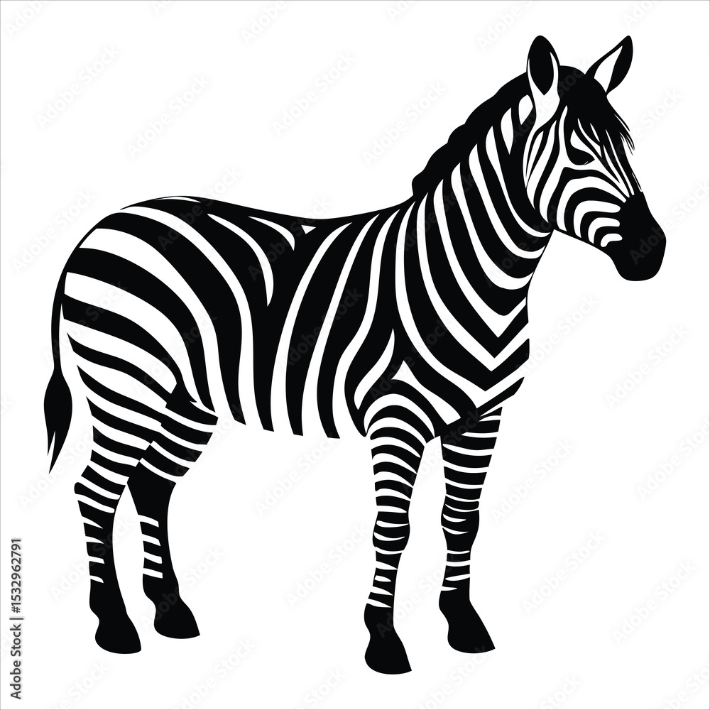 Fototapeta premium Zebra Silhouette Vector Illustration African Wildlife, Jungle Animal, Safari Design, Nature Icon, Wild Animal, Standing Zebra, Black and White Clipart