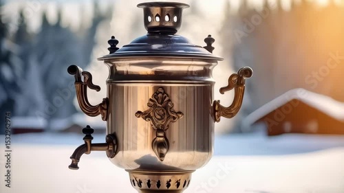 Antique metal samovar emitting steam sits on snowy surface in a winter wonderland landscape with snow covered trees in background.