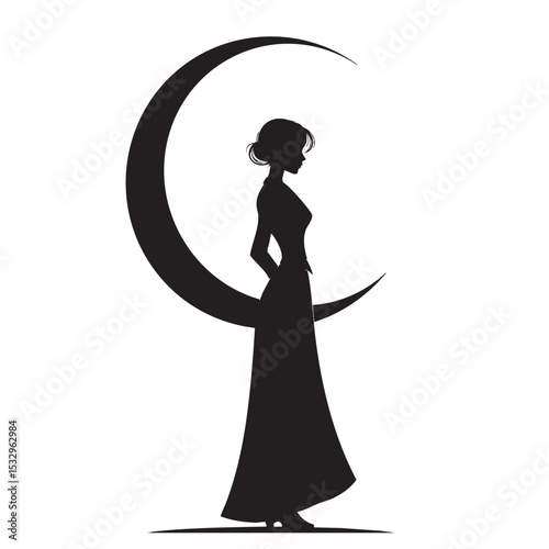 Elegant silhouette of a woman beside a crescent moon at night vector illustration