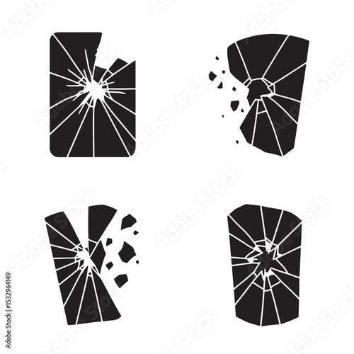 Set of four black silhouette shattered glass vector illustrations for graphic design elements and concepts.