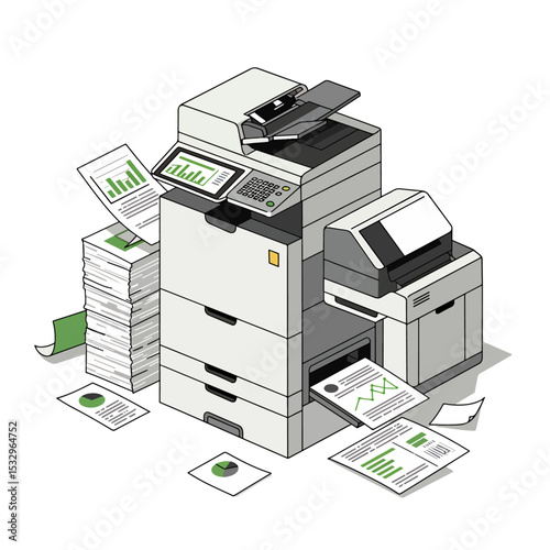 A large office printer with many papers and charts around