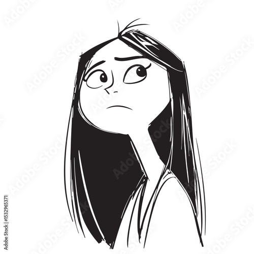 Expressive portrait of a concerned girl with long hair vector illustration