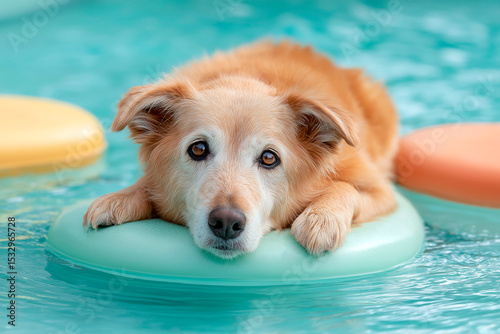 Adorable fluffy dog relaxing on a floating pool mat in turquoise water with a calm and dreamy expression
