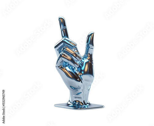 3D-rendered futuristic hand gesture with a holographic liquid metallic texture, isolated on a white background. Abstract sci-fi concept ideal for tech visuals, modern design, digital art, or branding.