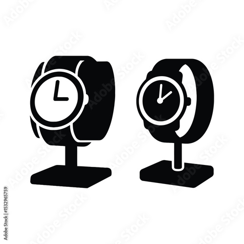 Two black and white silhouette wrist watches on display with different time indications