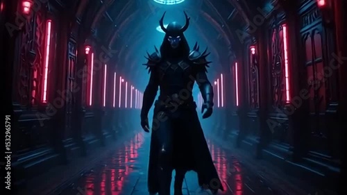 Gothic dark lord in knight armor and dark dress with horns walks down dark gothic corridor with mysterious neon lighting