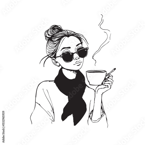 Stylish woman enjoying a warm drink and relaxing moment vector illustration