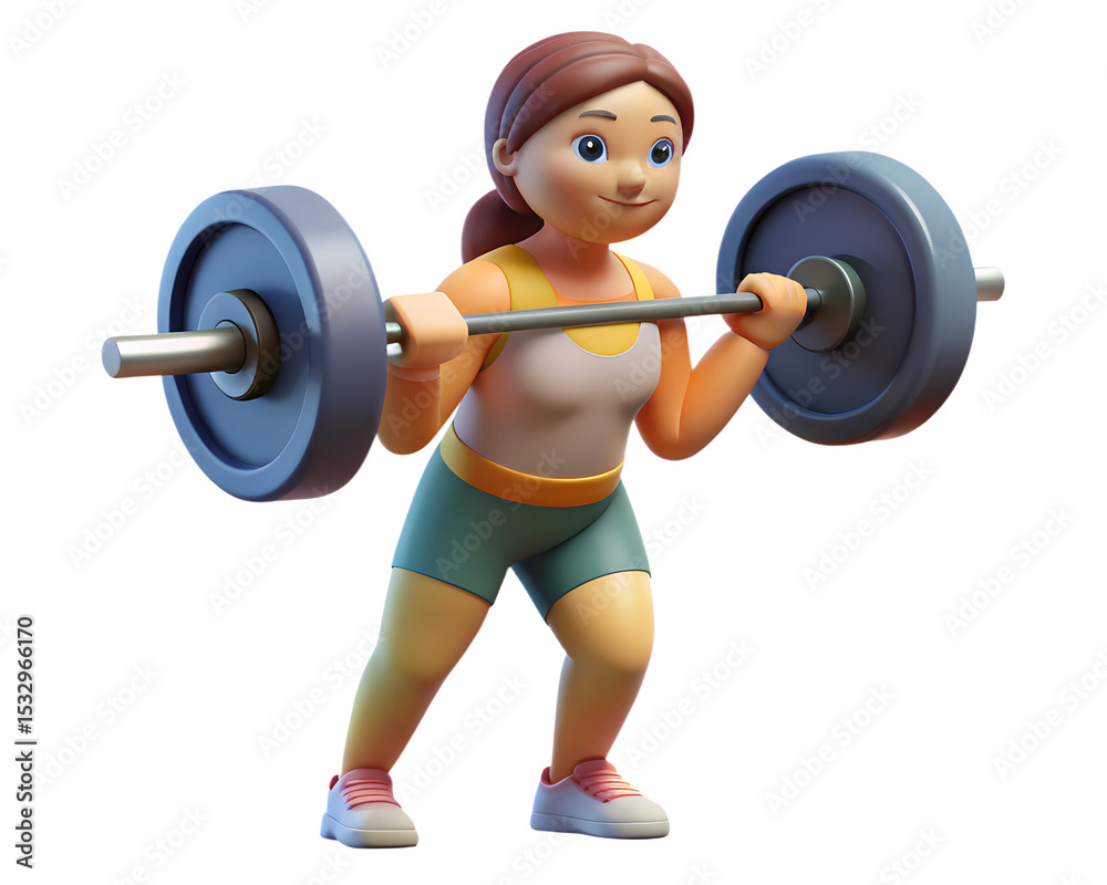 Obraz premium Woman Lifting Heavy Barbell 3D Rendering - Strength, Determination & Resilience Conceptual Icon on Transparent Background