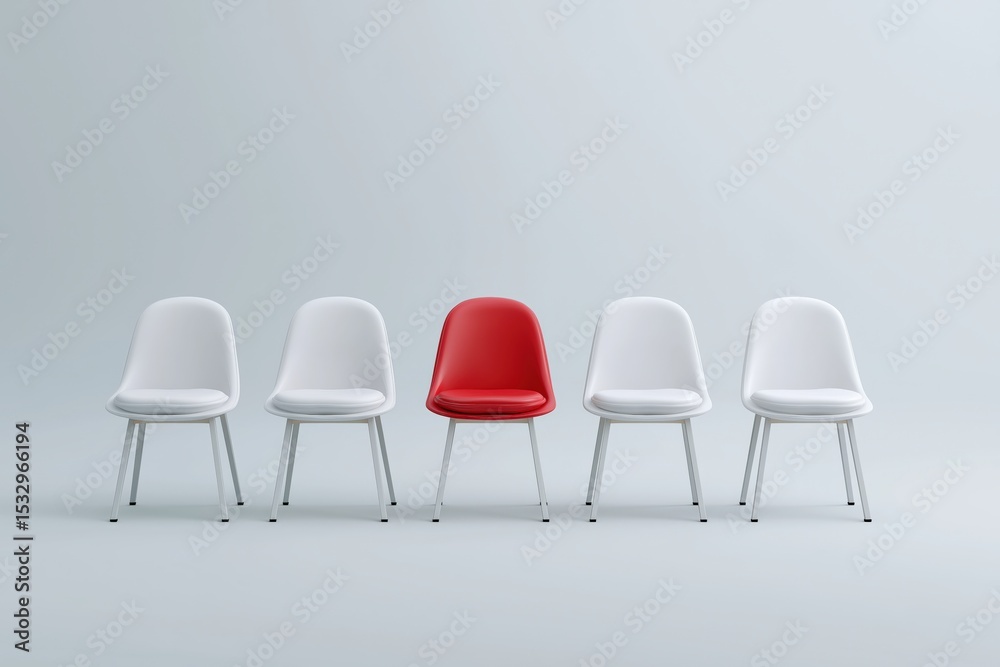 Obraz premium Minimalist interior design with red accent chair among white chairs