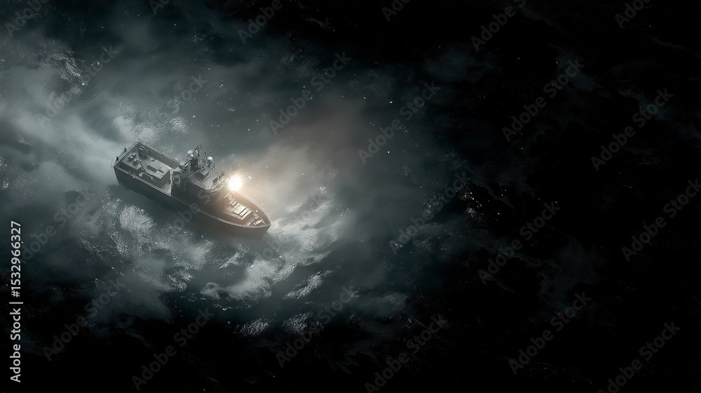 Fototapeta premium Naval patrol boat spotlighting suspicious vessel in dark waters