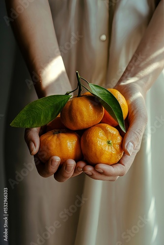 Fresh citrus fruits held in hands with green leaves in soft light  