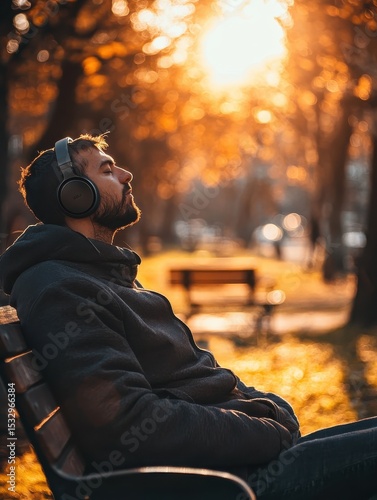 person sitting alone on park bench wearing headphones eyes closed lost in music with sunshine casting warm glow scene