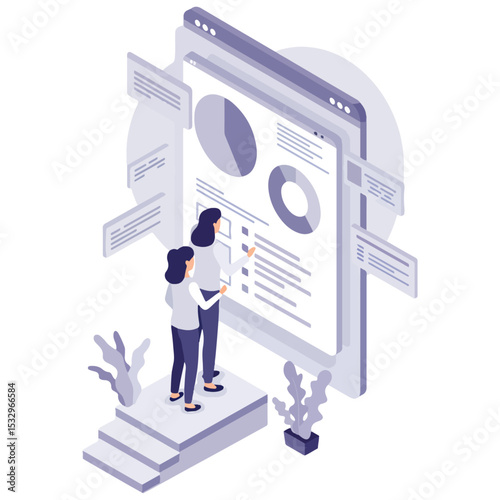 Isometric view of 2 people analyzing a webpage with graphs and text on a small platform