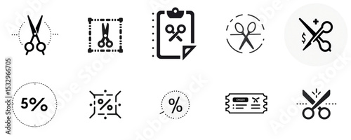 Collection of scissors icons and discount symbols for shopping and stationery
