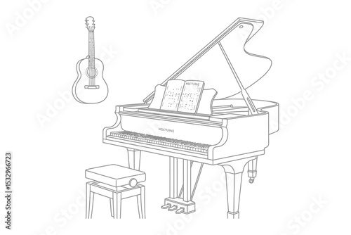 Elegant grand piano with floating musical notes, perfect for classical and jazz music illustrations